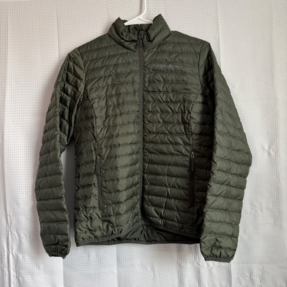 Eddie Bauer Puffer Jacket Womens XS Olive Green Down Insulated Quilted Full Zip
